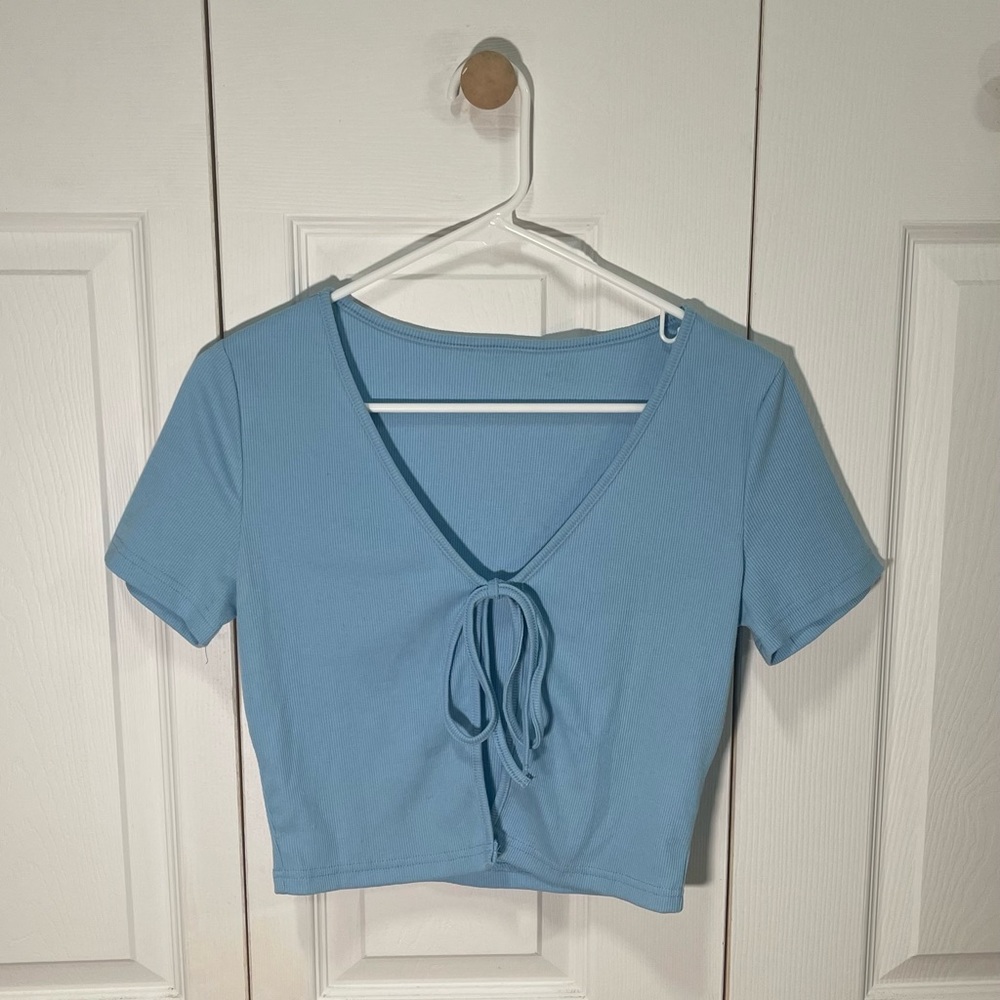 Tie Front Cropped Cardigan in Baby Blue